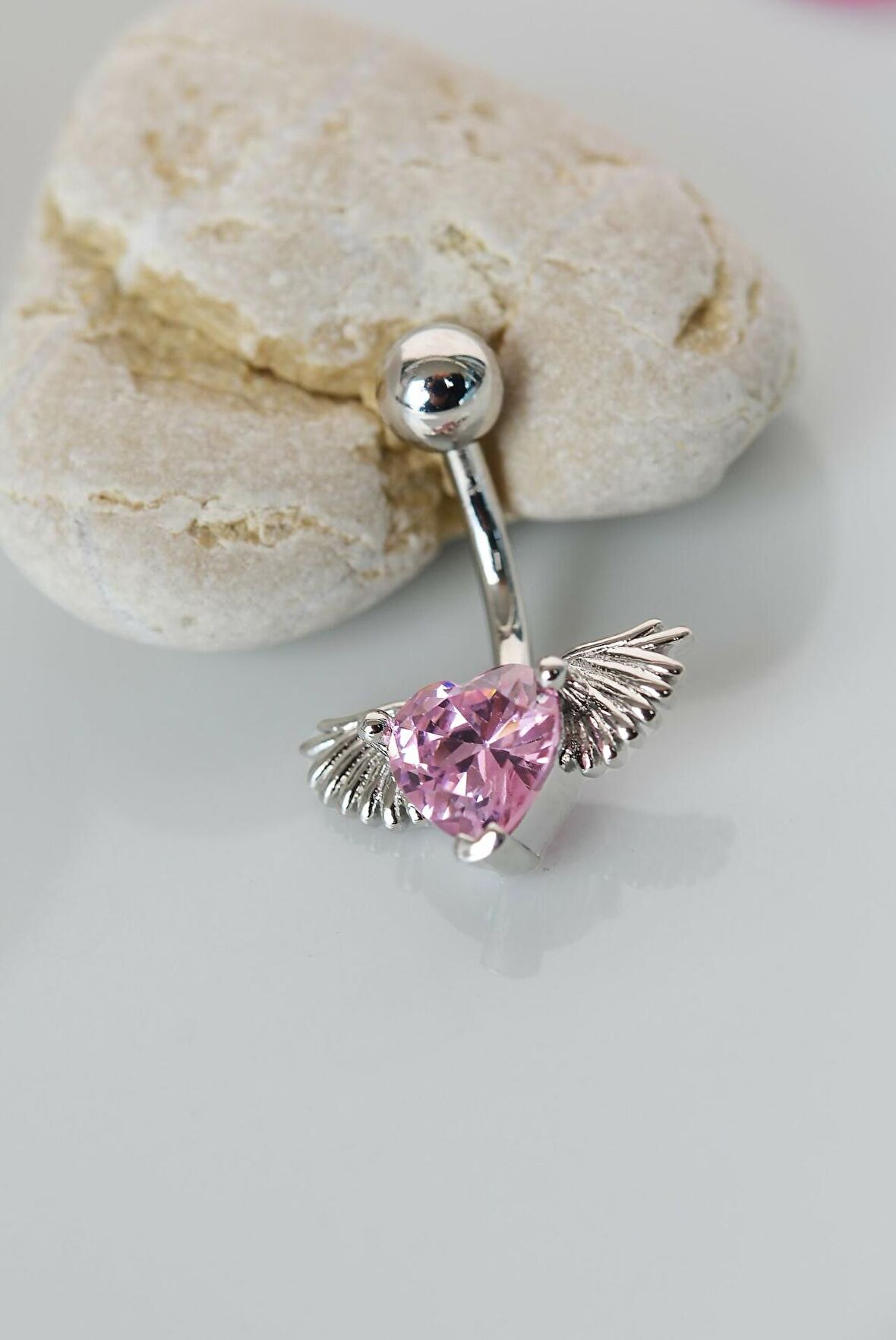Çelik Pembe Kalpli Melek Kanadı Göbek Piercingi Gümüş Renkli