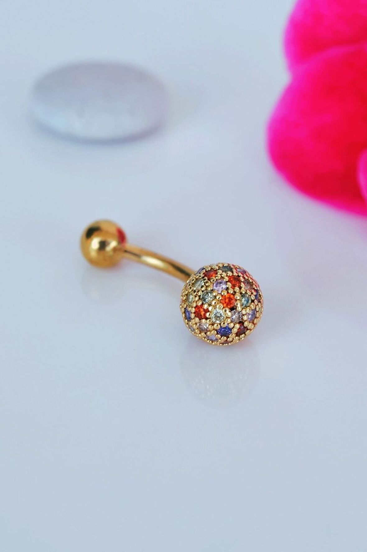 Multicolor Çok Renkli Taşlı Toplu Çelik Göbek Piercingi Gold Renk
