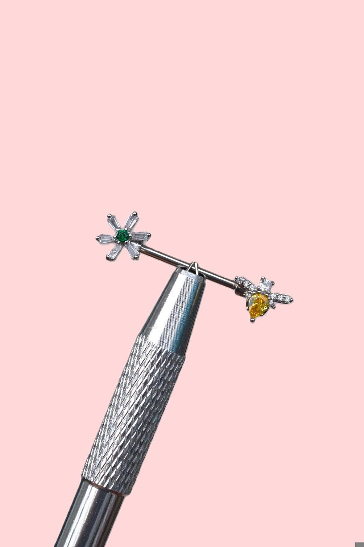 Çiçek ve Arı Figürlü Nipple Piercingi Çiçekli Meme Ucu Piercingi