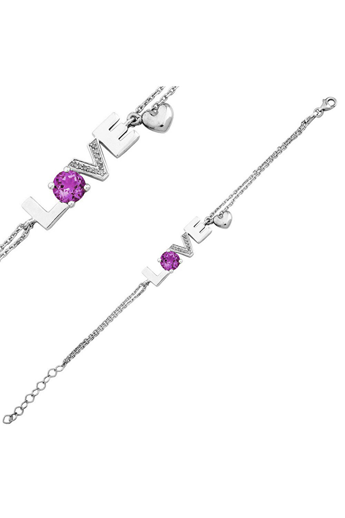 925 Ayar  Ametist 'Kalbim Senin' Pırlanta Bileklik (GPB0027)