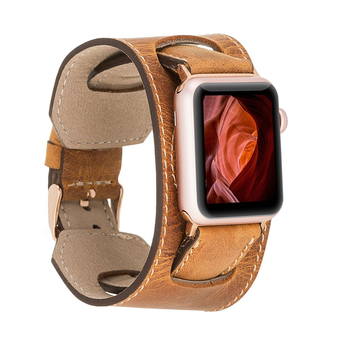 Apple Watch Uyumlu Deri Kordon 42-44-45mm Cuff G19 Taba