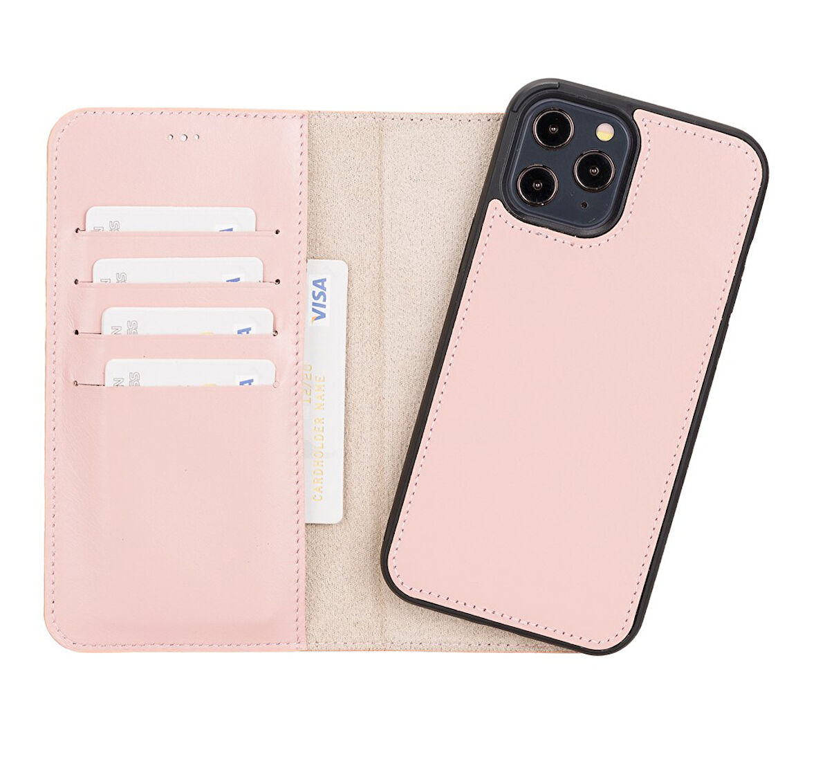 Apple iPhone 12 Pro Max Uyumlu Deri Cüzdanlı Kılıf NU2 Pembe