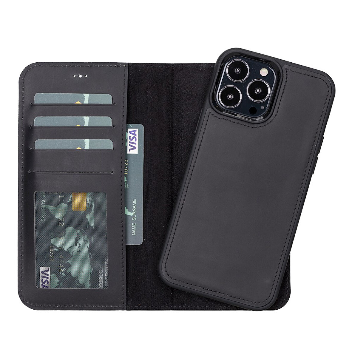 Apple iPhone 13 Pro Uyumlu Deri Cüzdanlı Kılıf Liluri G1 Siyah