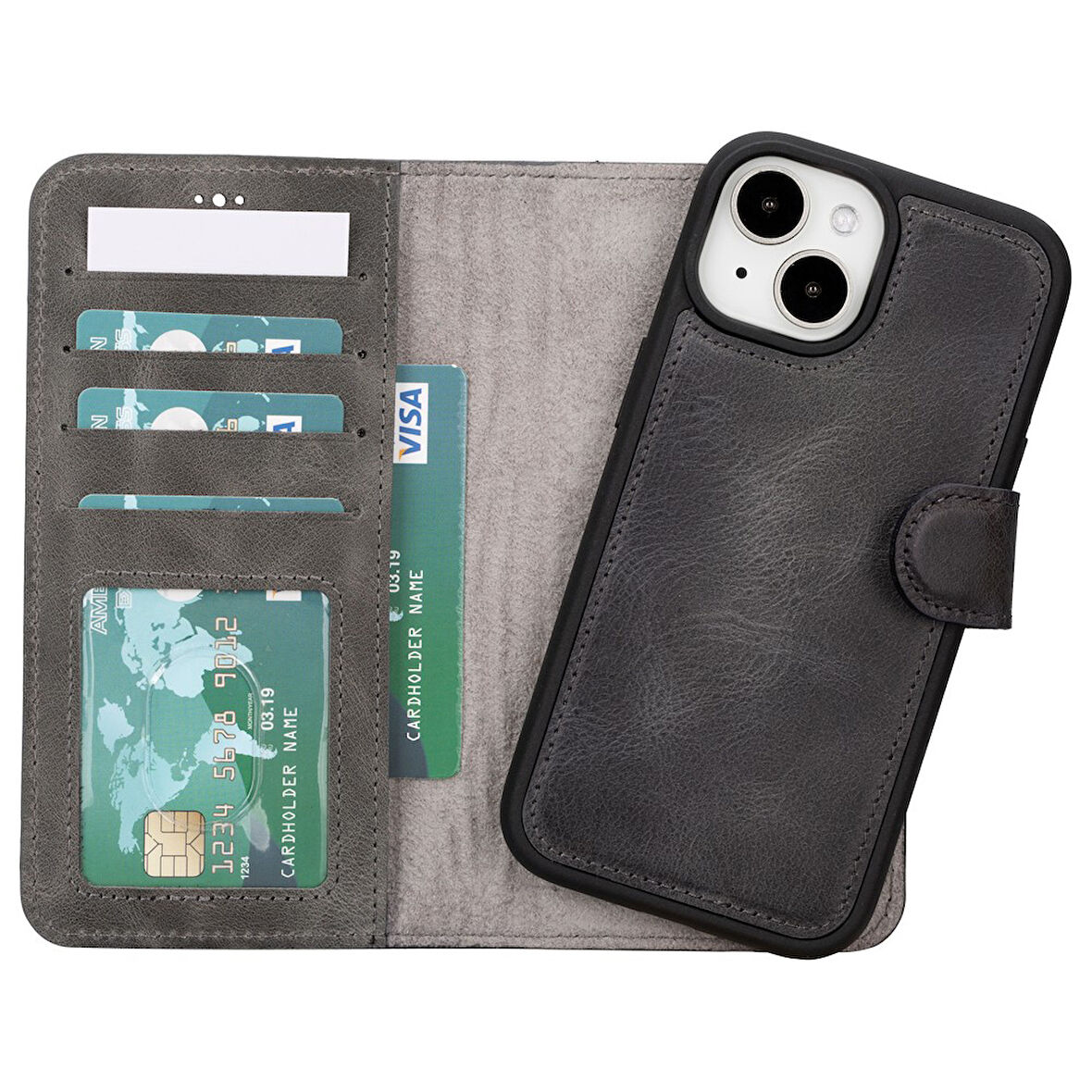 Apple iPhone 15 Uyumlu Deri Cüzdanlı Kılıf MWWN VS4EF Gri