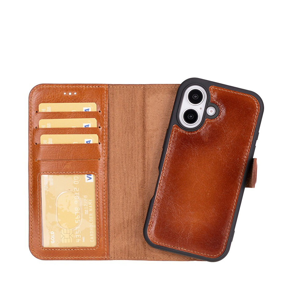 Apple iPhone 16 Plus uyumlu, Hakiki Deri, El Yapımı, Cüzdanlı Kılıf, Gölgeli Taba