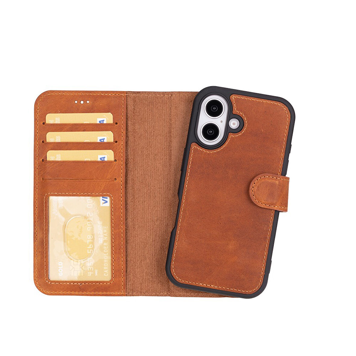 Apple iPhone 16 Plus uyumlu, Hakiki Deri, El Yapımı, Cüzdanlı Kılıf, Karamel