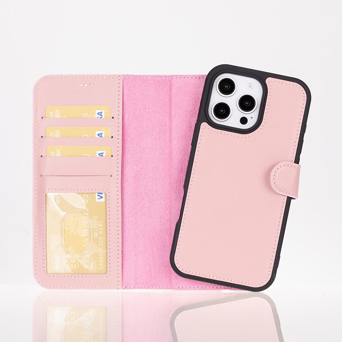 Apple iPhone 16 Pro uyumlu, Hakiki Deri, El Yapımı, Cüzdanlı Kılıf, Toz Pembe