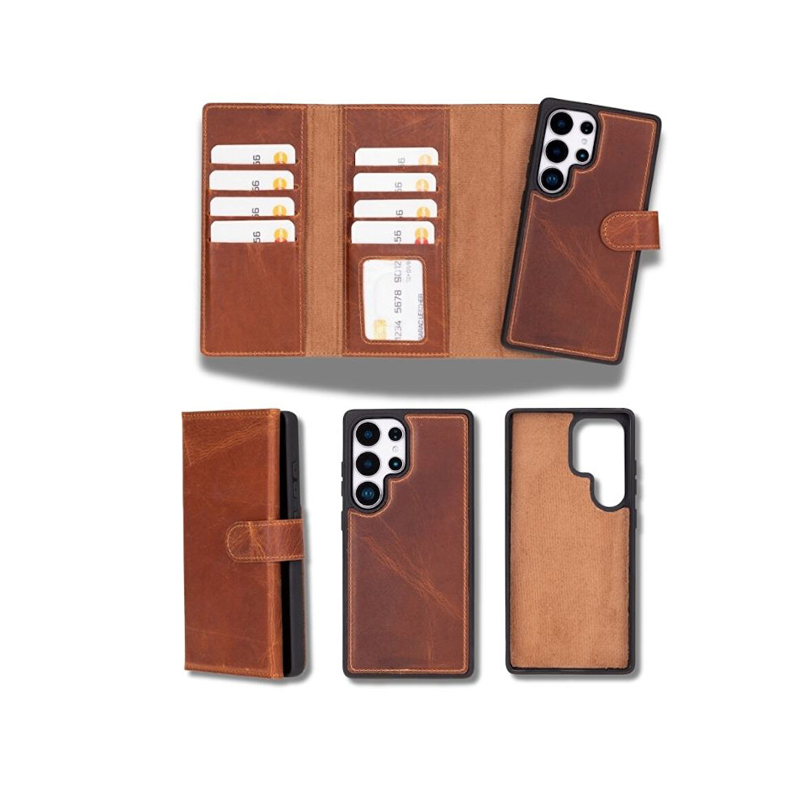 Samsung Galaxy S25 Ultra uyumlu, Hakiki Deri, El Yapımı, Cüzdanlı Kılıf, Karamel