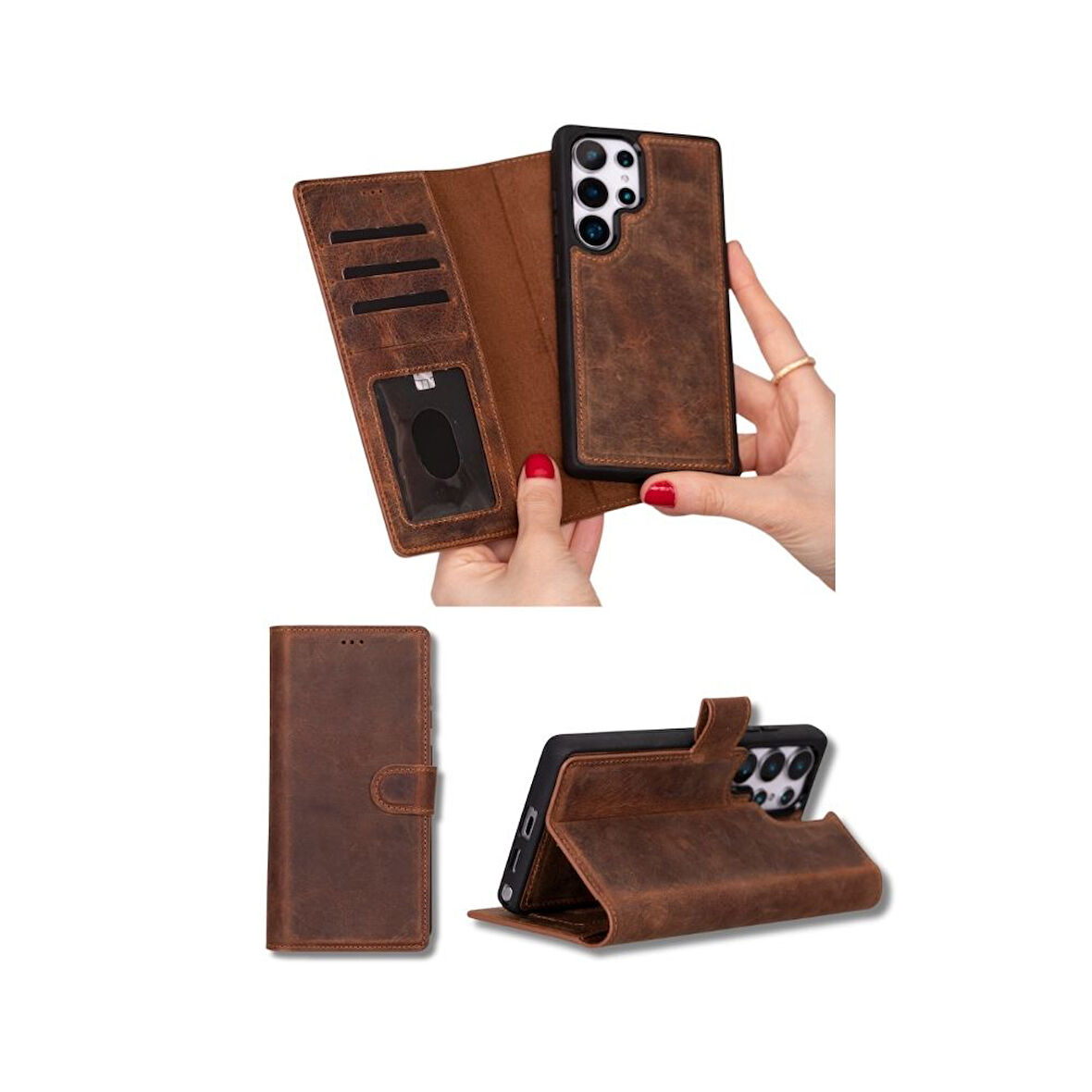 Samsung Galaxy S25 Ultra uyumlu, Hakiki Deri, El Yapımı, Cüzdanlı Kılıf, Antik Kahve