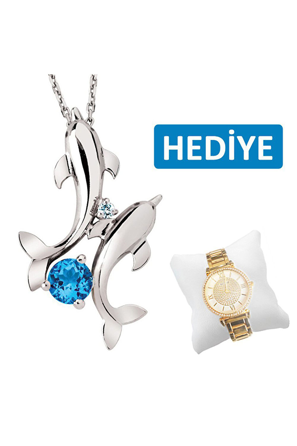 925 Ayar Pırlanta Mavi Topaz 'İkimiz' Balık Kolye (GPK0010)