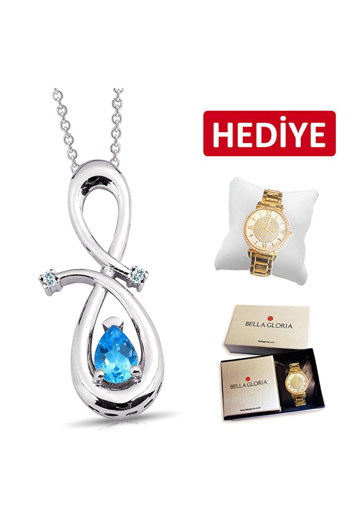 925 Ayar Damla Mavi Topaz Pırlanta Kolye (GPK0035)