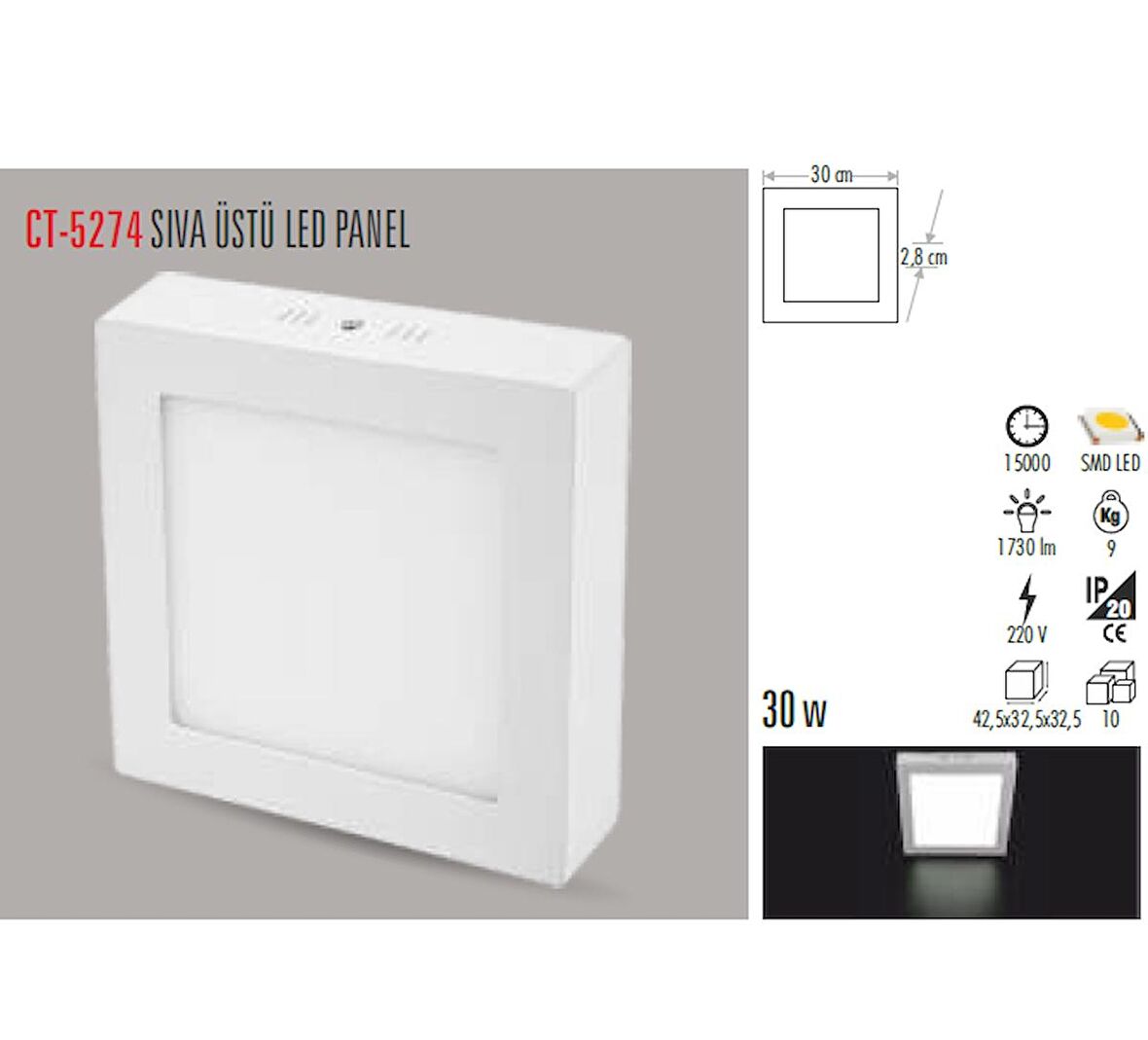 CT-5274 30W ALM. S.Ü LED ARMATÜR KARE (GÜNIŞIĞI-2ADET) CATA