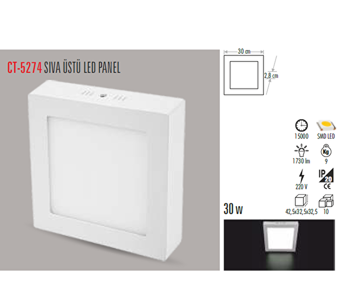 CT-5274 30W/6400K ALM. S.Ü LED ARMATÜR KARE (BEYAZ) CATA