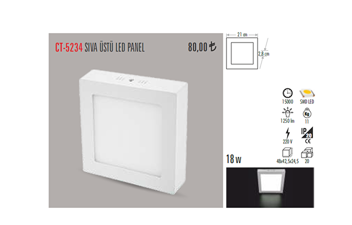 CT-5234 18W/6400K SIVAÜSTÜ LED ARMATÜR KARE (BEYAZ) CATA