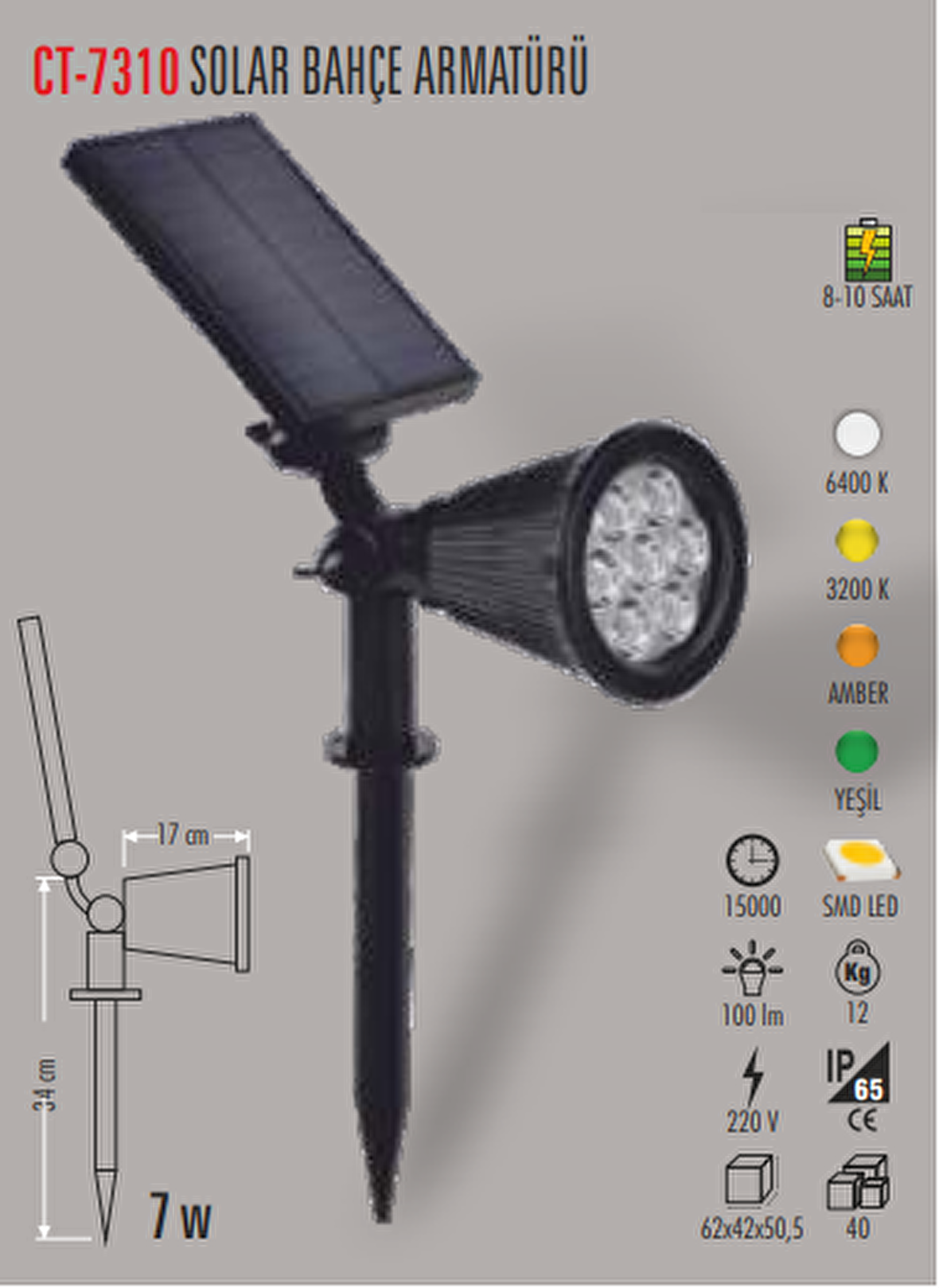 CT-7310 7W SOLAR BAHÇE ARMATÜRÜ YEŞİL CATA