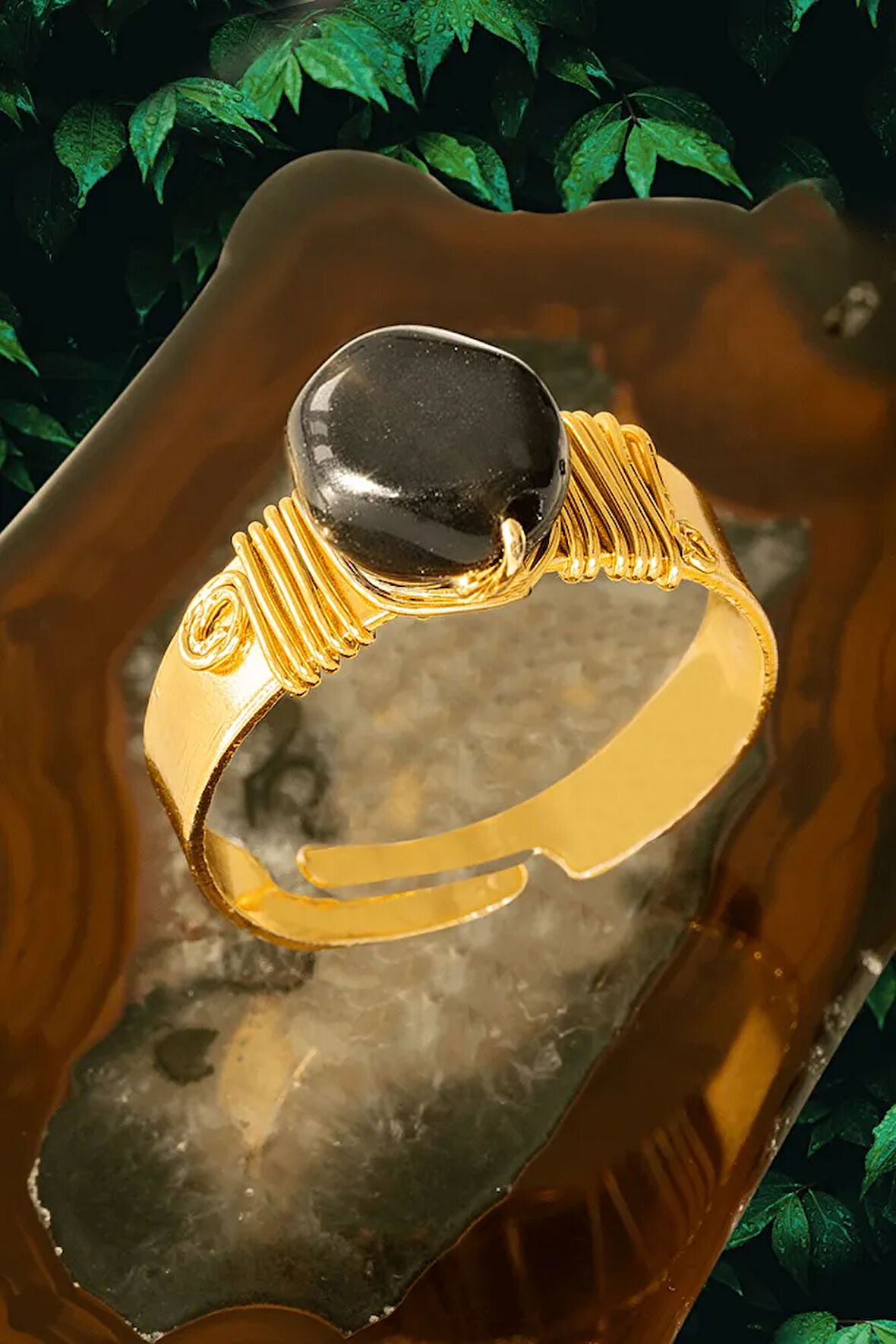 Sertifikalı Kalın Tımbıl Gold Model Siyah Obsidyen Taşı Yüzük - Ayarlamalı