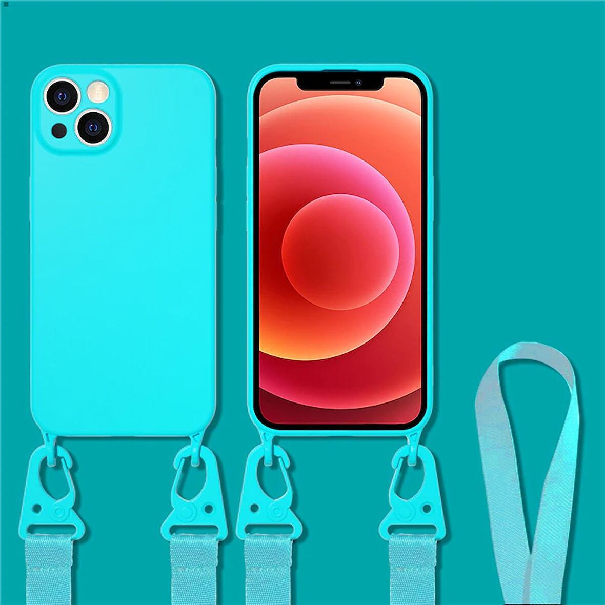 "New" Color Series - Iphone 11 Koyu Yeşil Askılı Telefon Kılıfı Seti - Silikon - Kamera Korumalı
