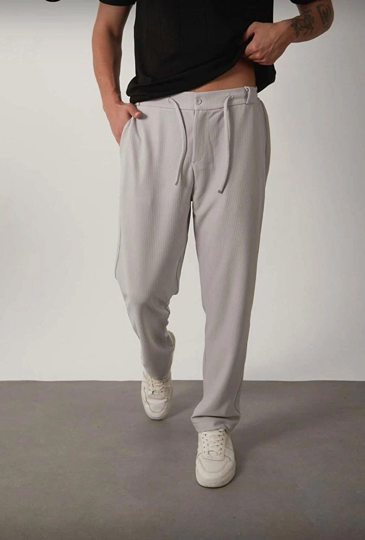 Erkek Keten Karışımlı Beli Lastikli Rahat Kalıp Italyan Kesim Pantolon