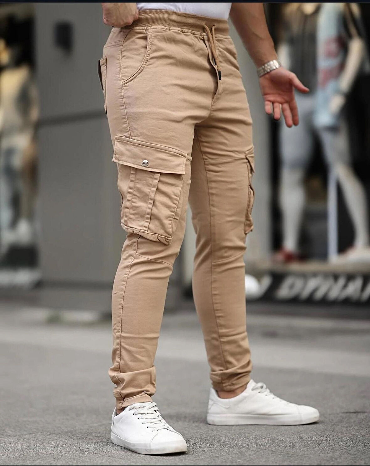 Erkek Slim Fit Full Likralı Bel ve Paça Lastikli Kargo Cep Pantolon