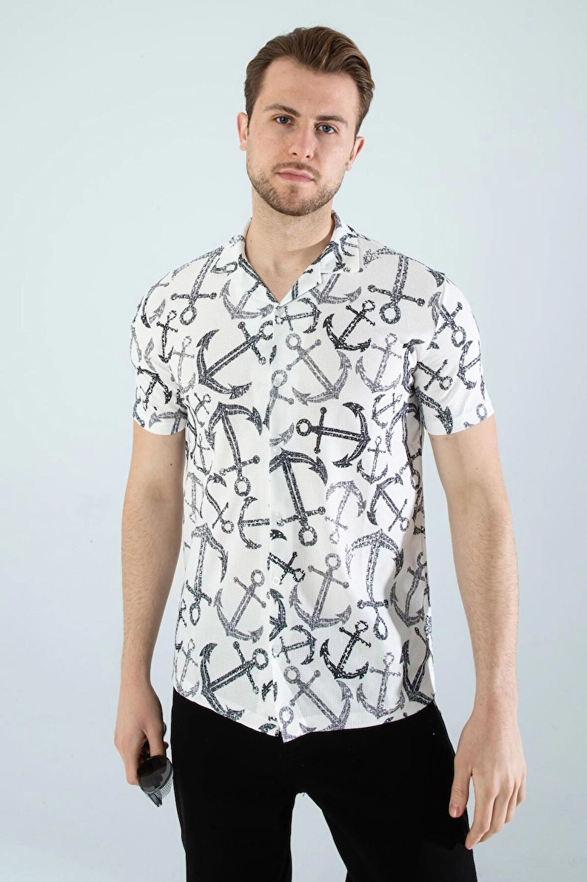 Gardolap VIP Giyim Erkek Slim Fit Kesim Çapa Desenli Dijital Baskılı Apaş Yaka Pamuklu Kısa Kol Gömlek