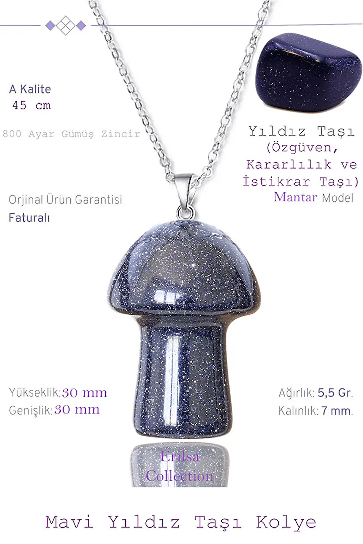 Sertifikalı Mantar Model Lacivert Yıldız Taşı Kolye (Gümüş Aparatlı)