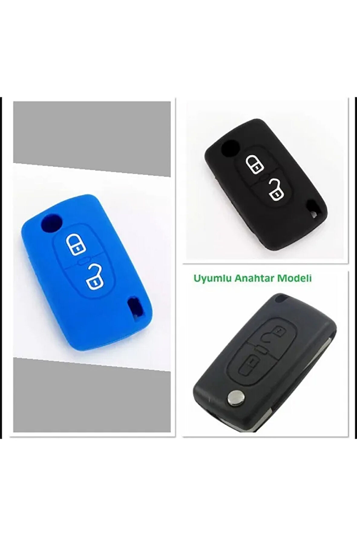2 Adet Peugeot 207 307 Partner Uyumlu 2 Tuşlu Silikon Anahtar Koruma Kılıfı Mavi Ve Siyah