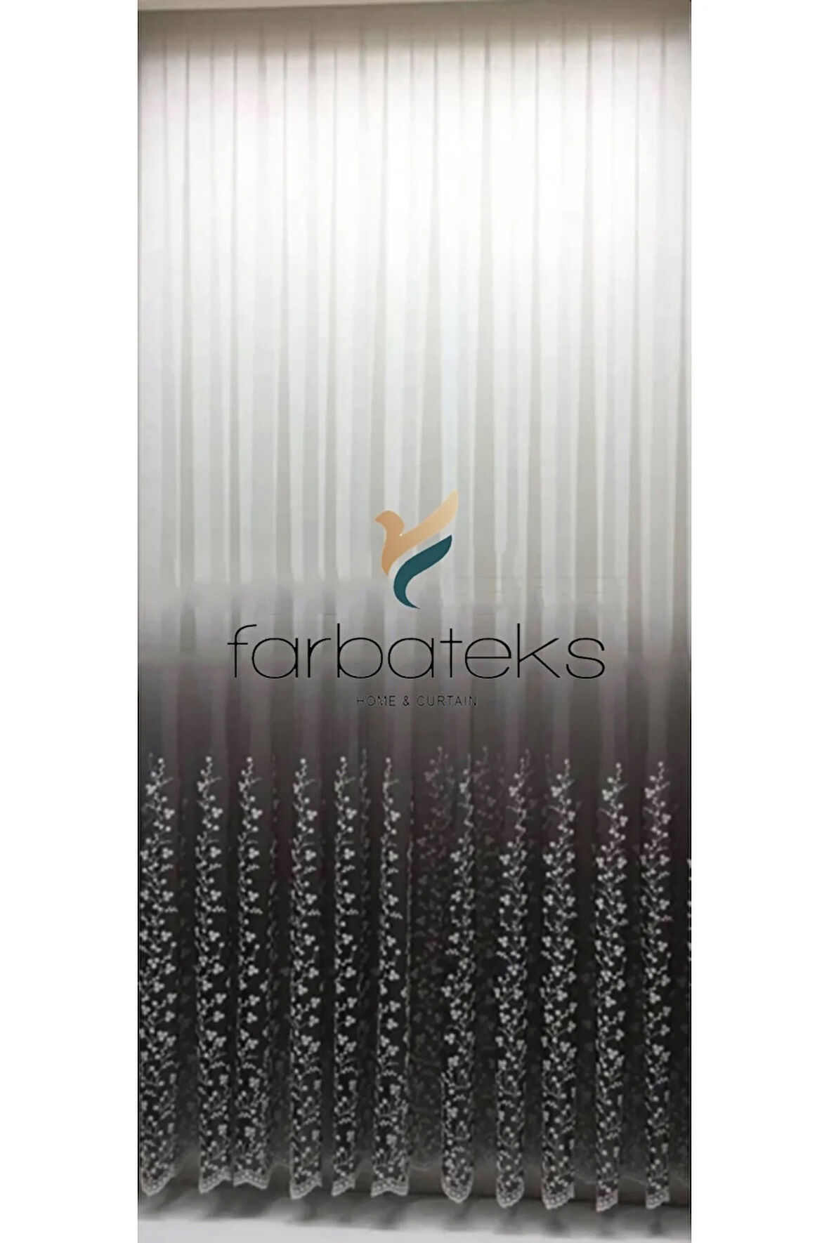 Gri Etek Ucu Papatya Desenli Renk Geçişli 2 Kat Pileli Tül Perde