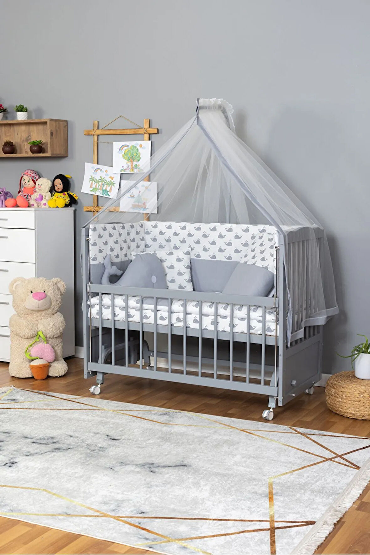 Ahşap Beşik Anne Yanı Beşik Gri 60x120 - Gri Balina Uyku Seti Yatak Tekerlekli