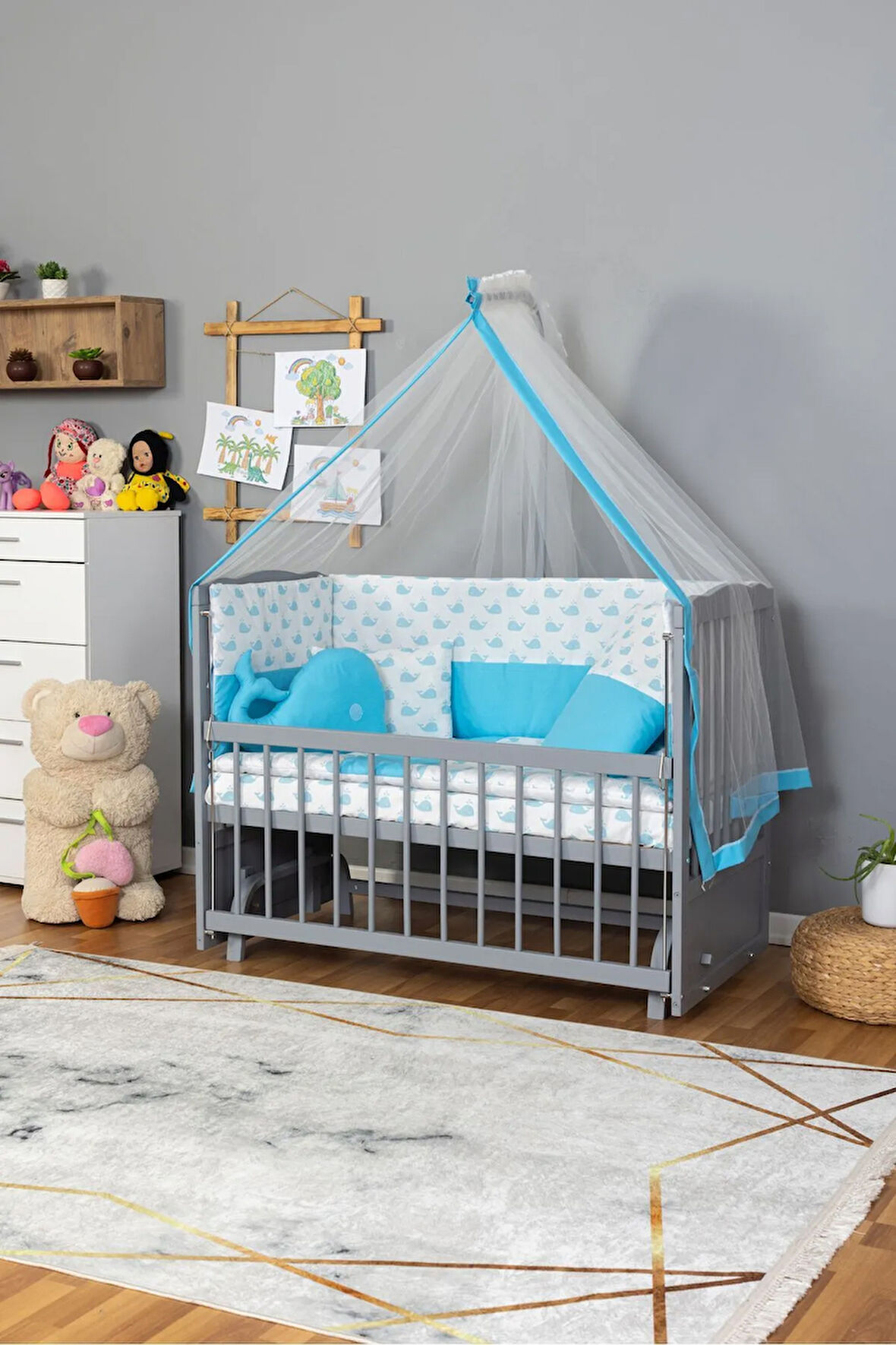 Ahşap Beşik Anne Yanı Beşik Gri 60x120 - Mavi Balina Uyku Seti Yatak