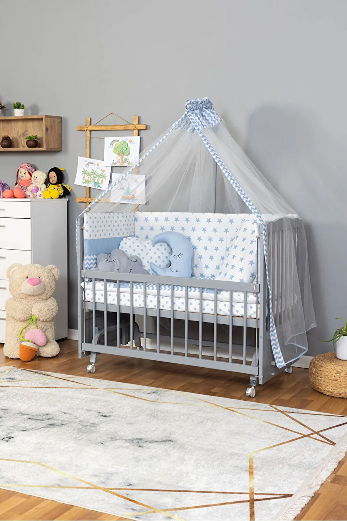Ahşap Beşik Anne Yanı Beşik Gri 60x120 Mavi Yıldız Uyku Seti Yatak Tekerlekli