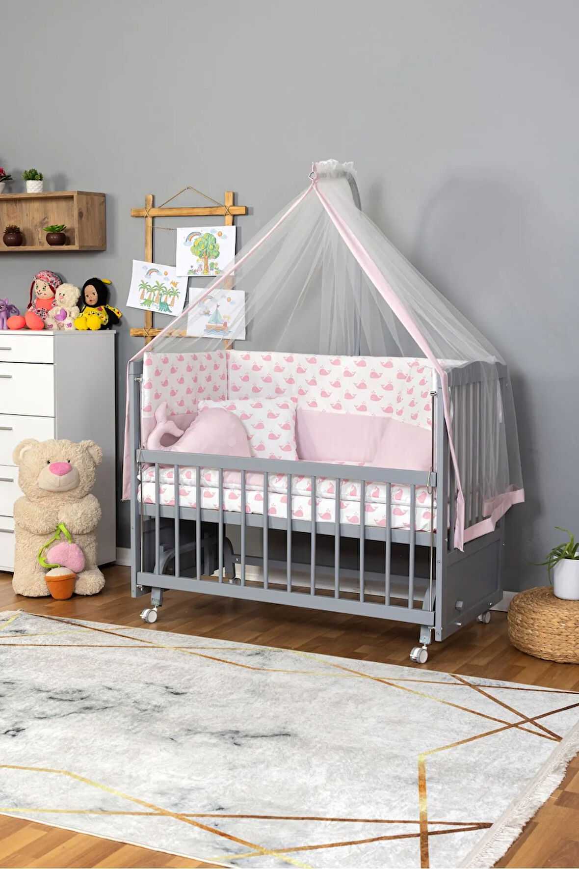 Ahşap Beşik Anne Yanı Beşik Gri 60x120 - Pembe Balina Uyku Seti Yatak Tekerlekli