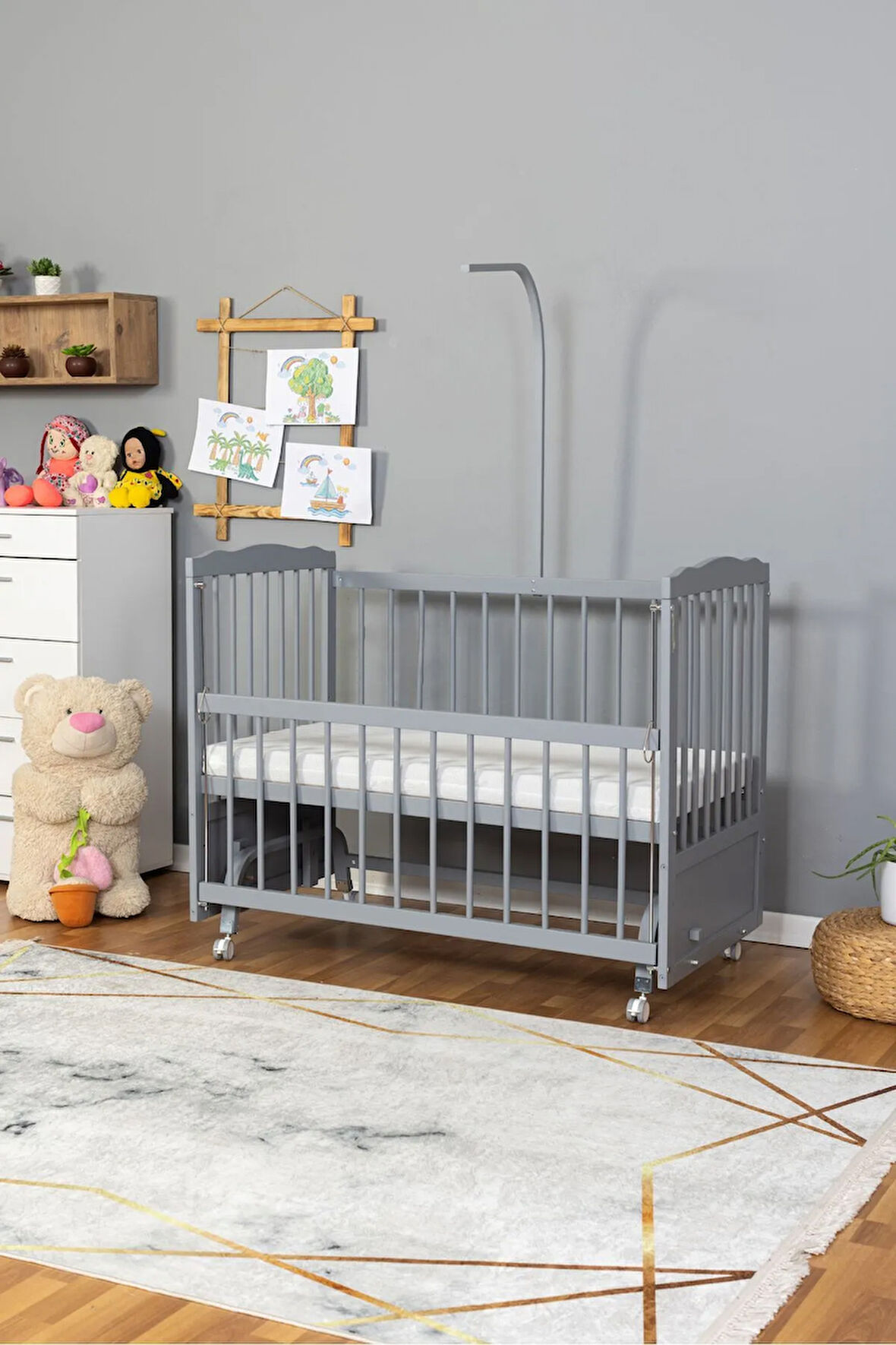 Ahşap Beşik Anne Yanı Beşik Gri 60x120 - Uyku Setsiz Tek Yataklı Tekerlekli