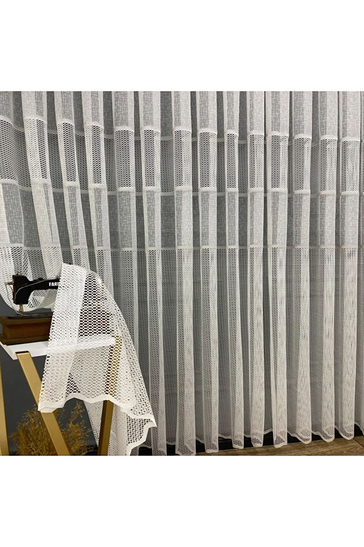 Milano Gri Gümüş Ara Bantlı Yeni Tasarım 3Kat Pileli Tül Perde