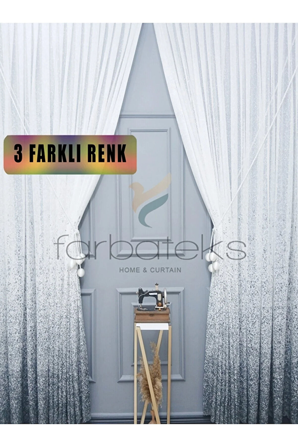 Yeni Tasarım Gri Antrasit Füme Serpinti Tül Ve Sağ/Sol Takım Tül Fon Perde