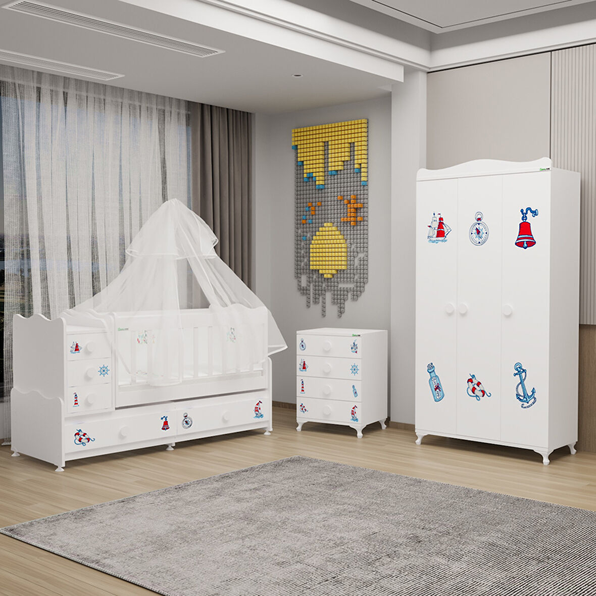Garaj Home Melina Yıldız 3 Kapaklı Bebek Odası + Yatak + Uyku Seti - Denizci-