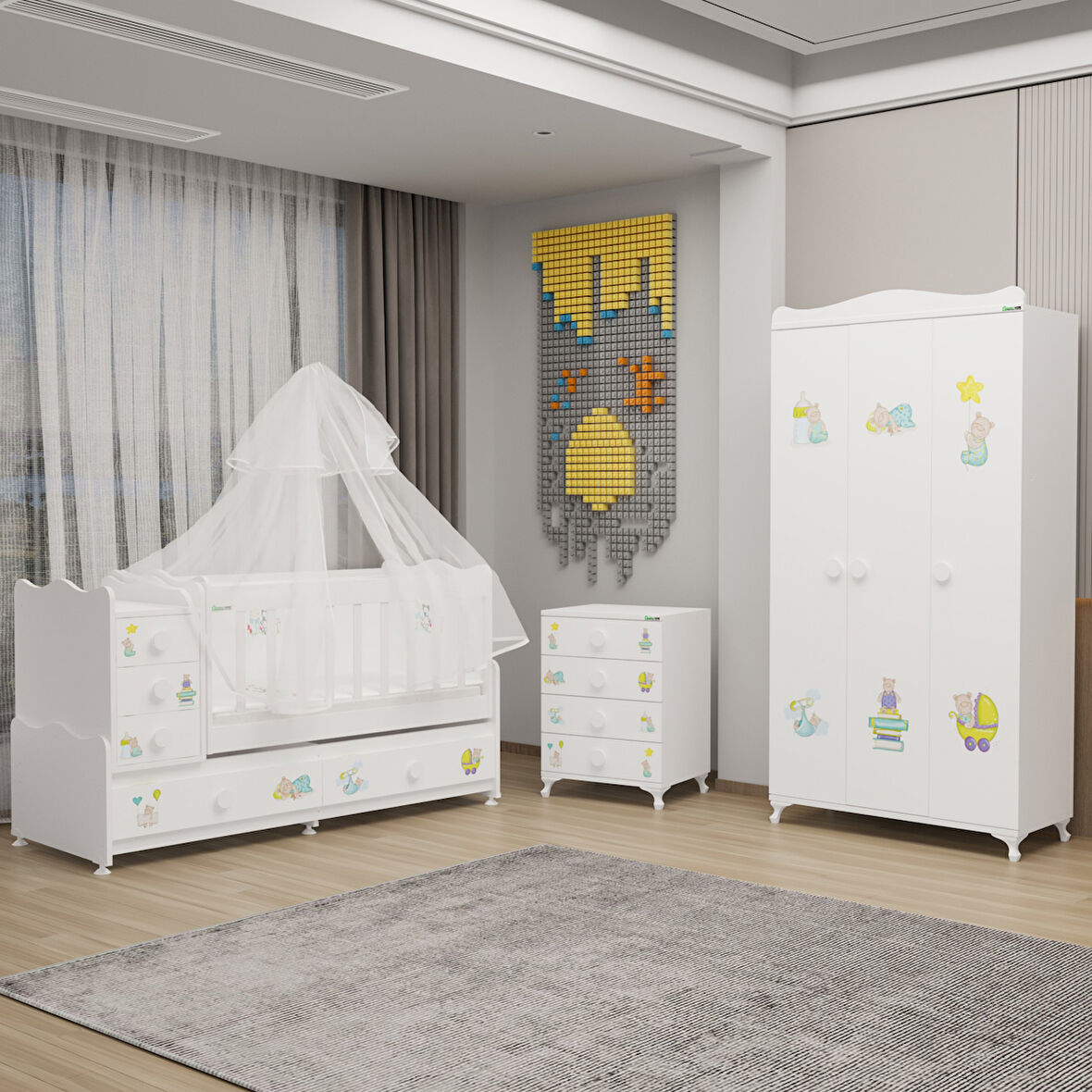 Garaj Home Melina Yıldız 3 Kapaklı Bebek Odası + Yatak + Uyku Seti - Ayıcık-
