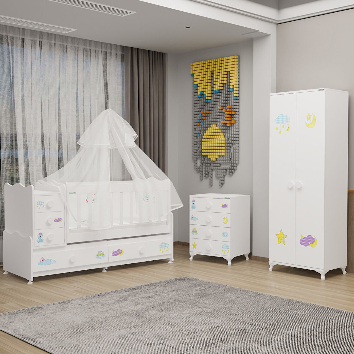 Garaj Home Melina Yıldız 2 Kapaklı Bebek Odası + Yatak + Uyku Seti - Uykucu-