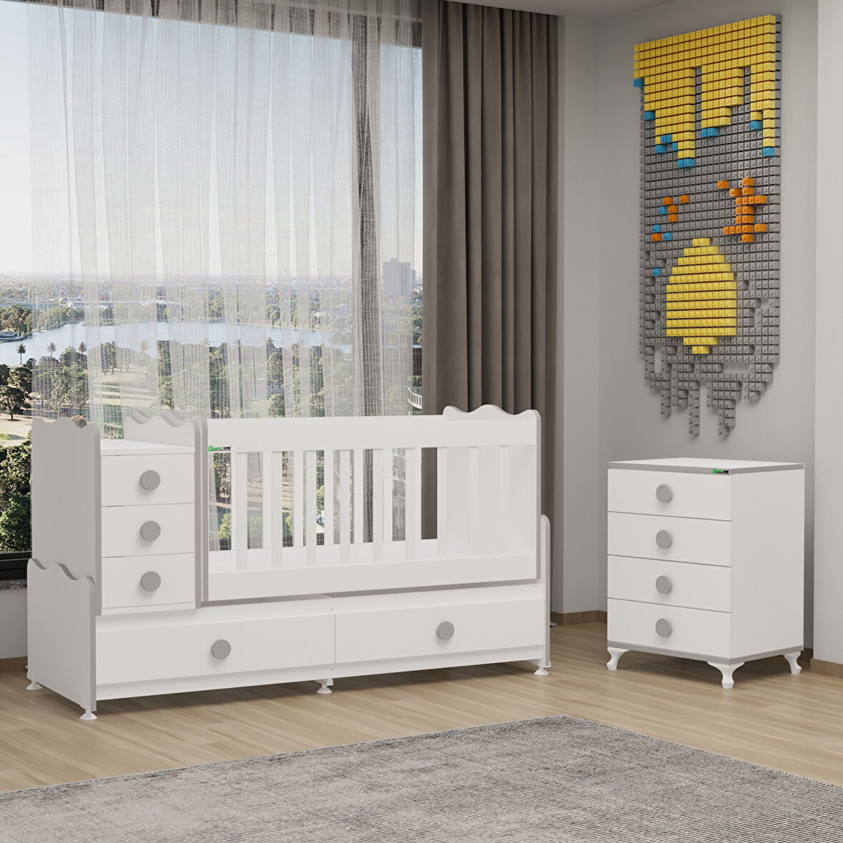 Garaj Home Melina Uzayan MDF Çıtalı Beşik ve Şifonyer - Gri-