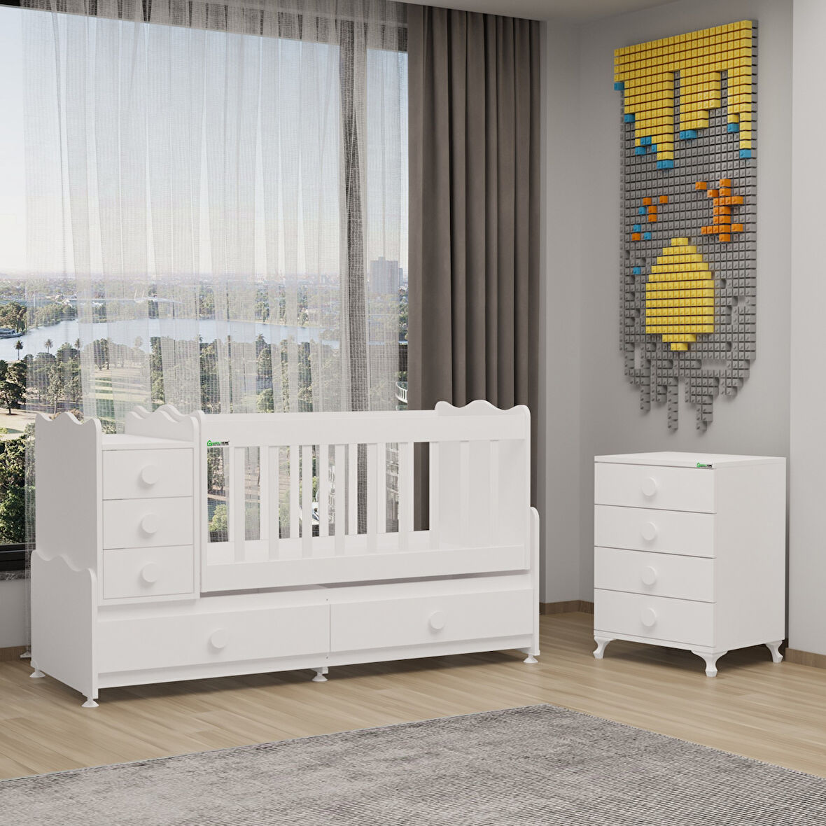 Garaj Home Melina Uzayan MDF Çıtalı Beşik ve Şifonyer - Beyaz-
