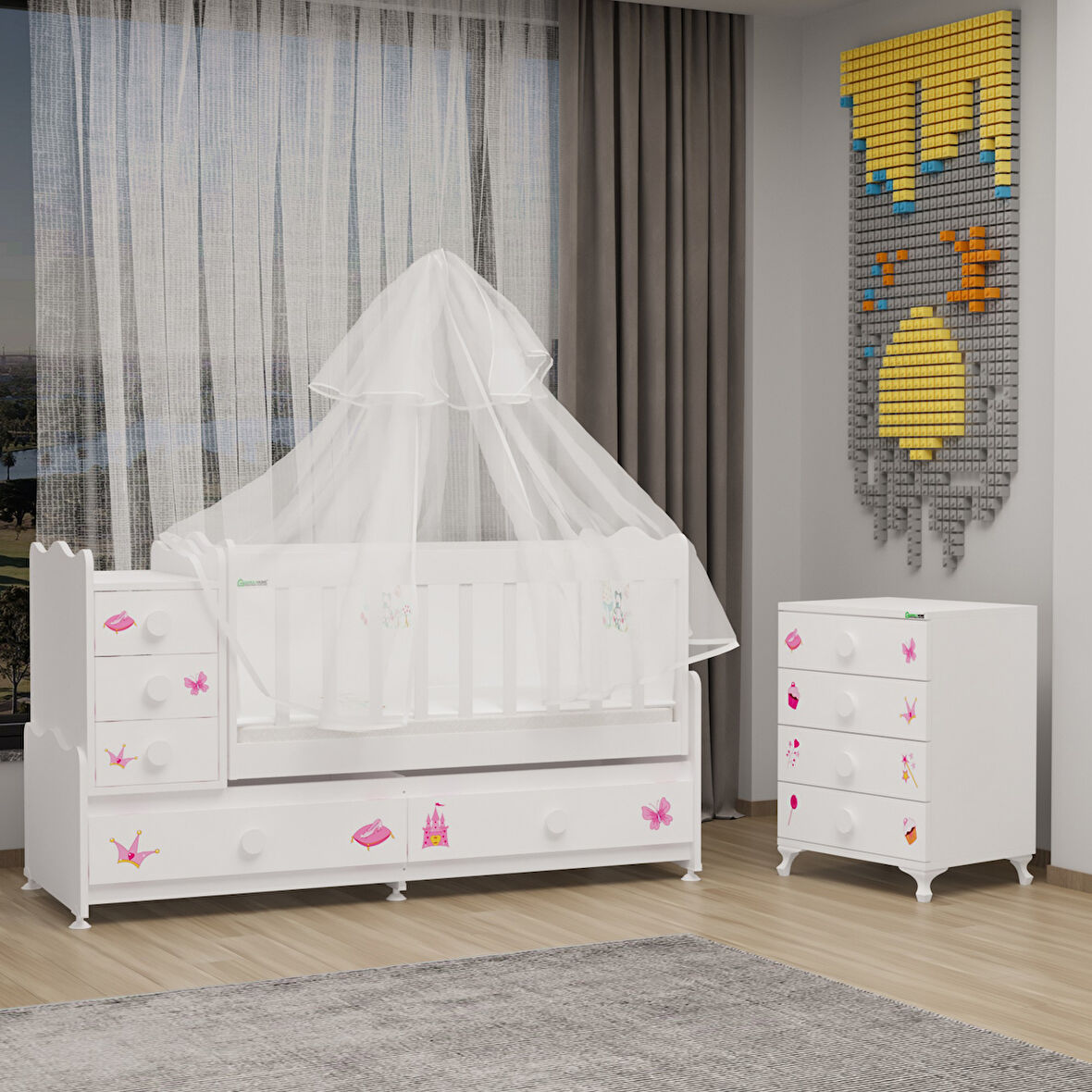 Garaj Home Melina MDF Çıtalı Beşik ve Şifonyer + Yatak + Uyku Seti-Prenses-