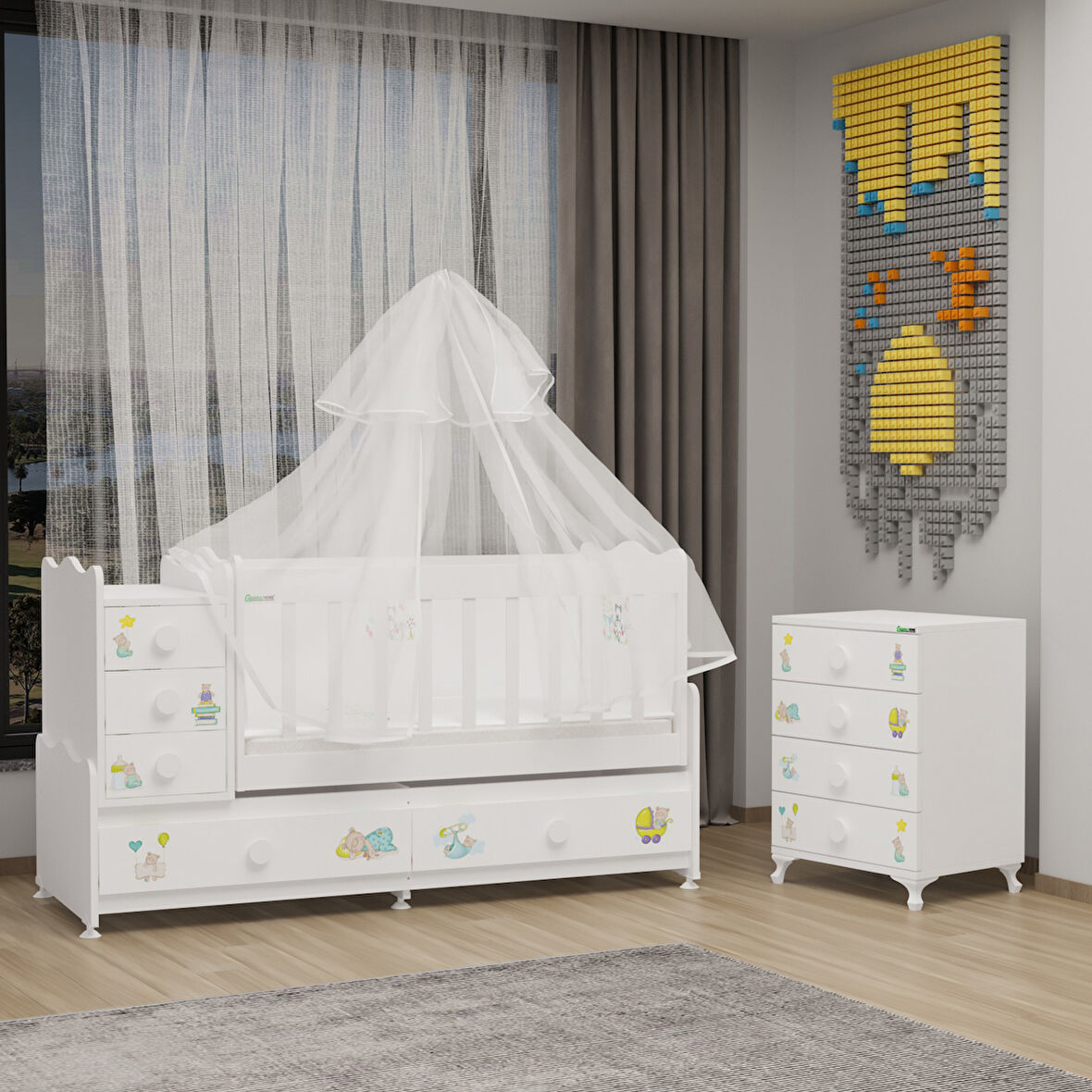 Garaj Home Melina MDF Çıtalı Beşik ve Şifonyer + Yatak + Uyku Seti - Ayıcık-