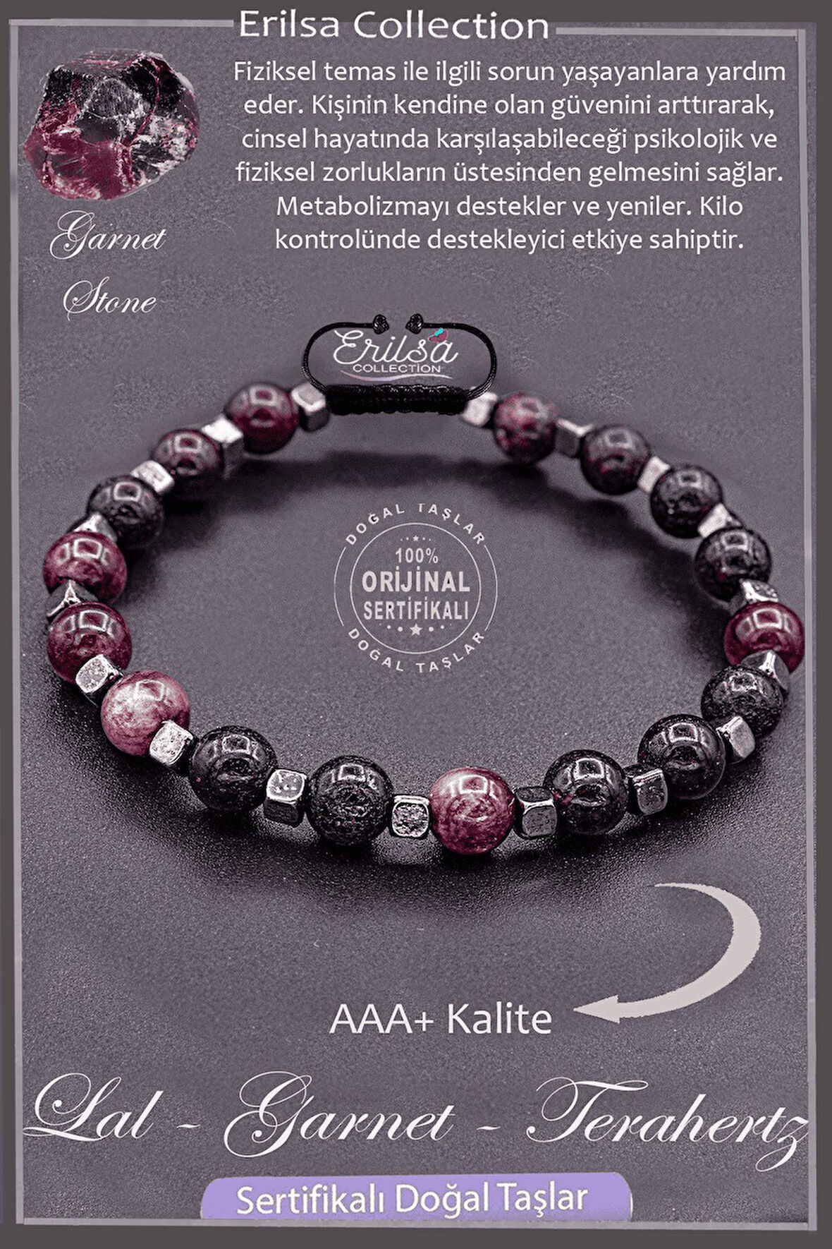 Sertifikalı AAA+ Kalite Gerçek Terahertz - Lal Garnet Granat Taşı Bileklik