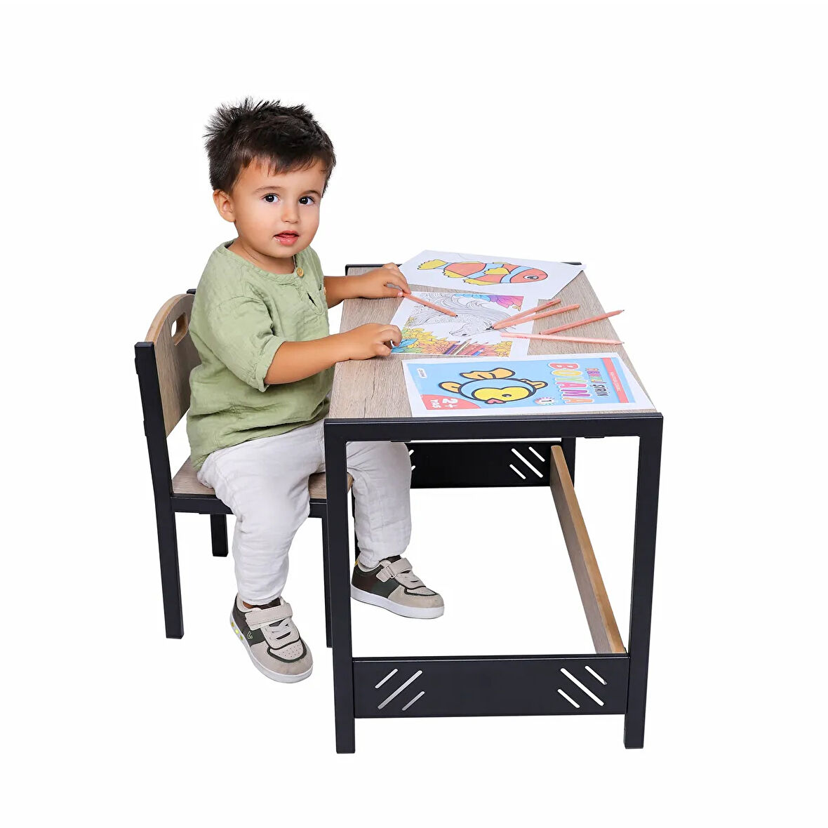  Çocuk Aktivite Oyun Masası - Çocuk Çalışma Masası - MDF Meşe - Metal