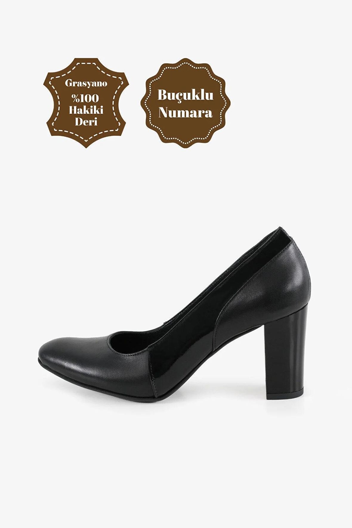 Hakiki Deri Siyah Rugan Detaylı Comfort Premium Yumuşak Deriden 7,5 Cm Kırılmaz Klasik Topuklu