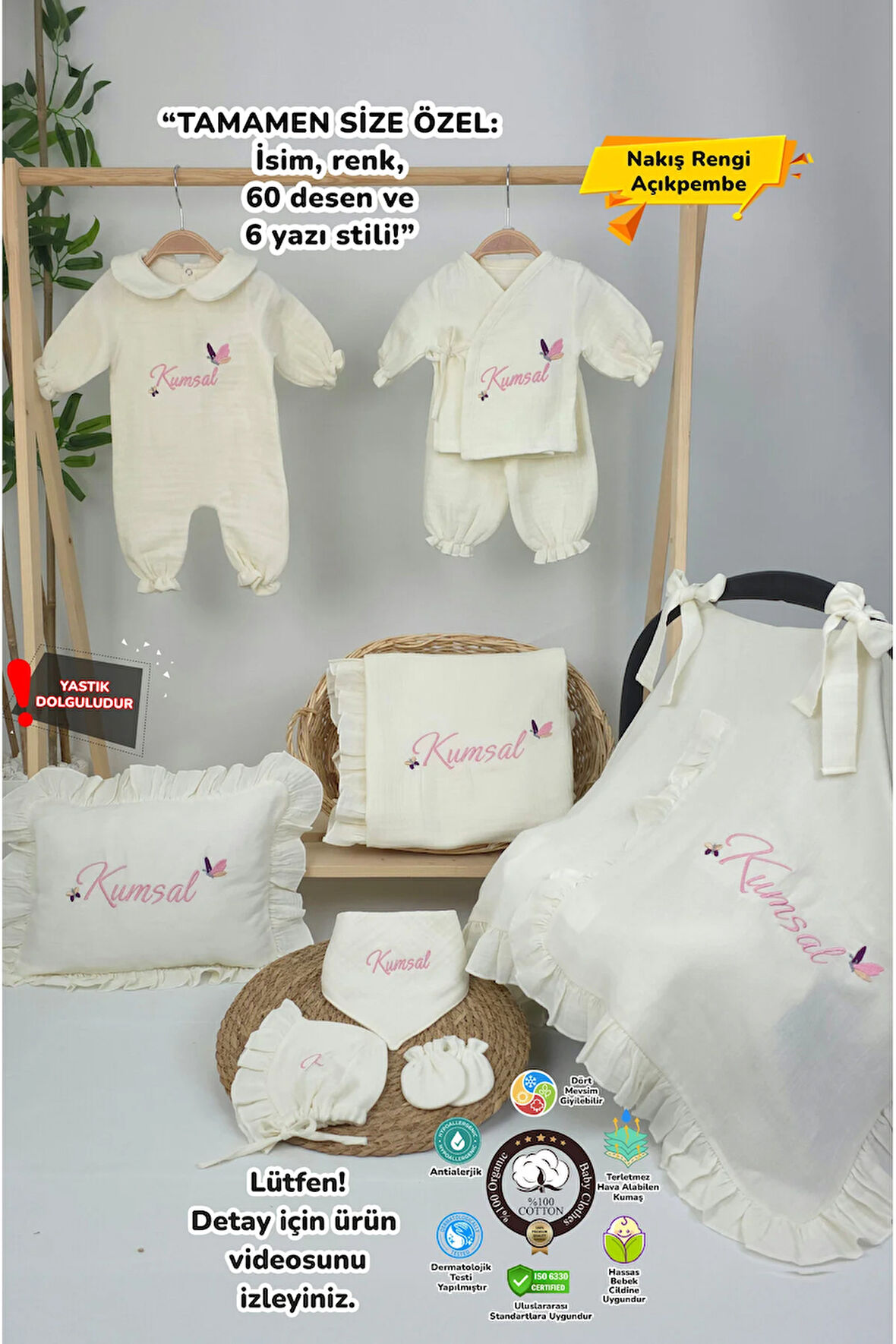 Müslin Yeni Doğan 4Katlı Organik %100Pamuk Kişiye Özgü Nakışlı Hastane Çıkış Seti (Kelebek Model-2)