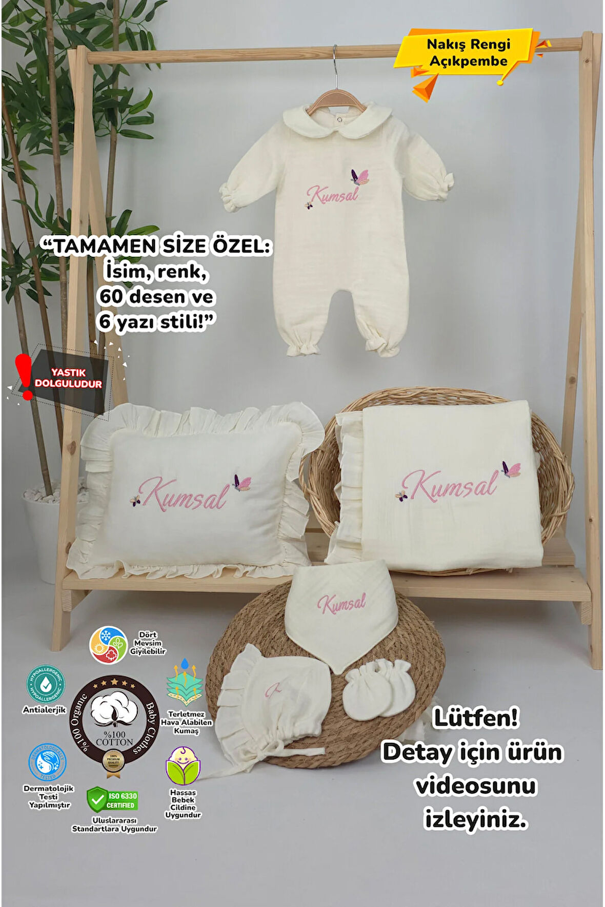 Müslin Yeni Doğan 4Katlı Organik %100Pamuk Kişiye Özgü Nakışlı Hastane Çıkış Seti (Kelebek Model-2)