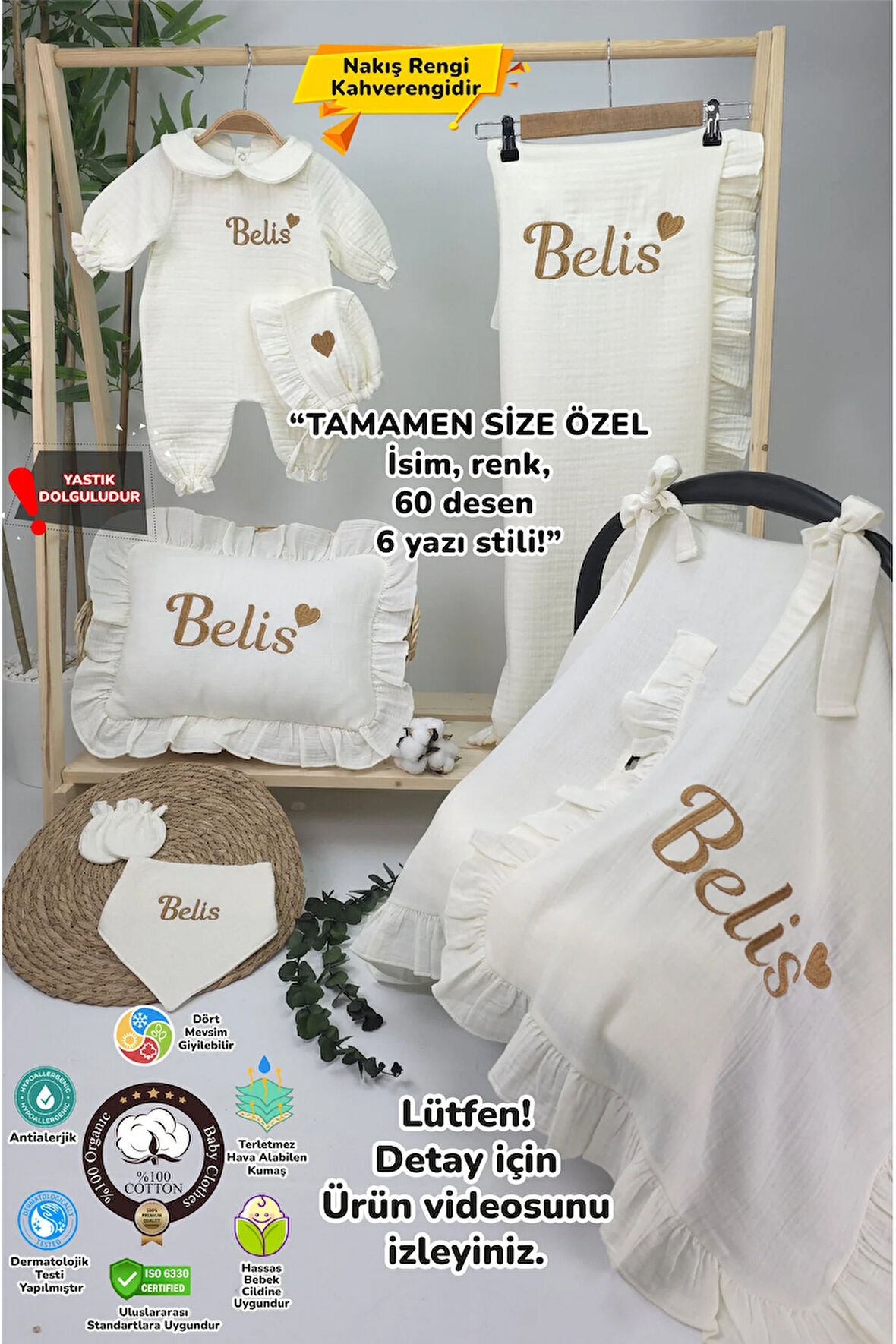 Müslin Yeni Doğan 4Katlı Organik %100Pamuk Kişiye Özgü Nakışlı Hastane Çıkış Seti-Kahverengi Kalpli