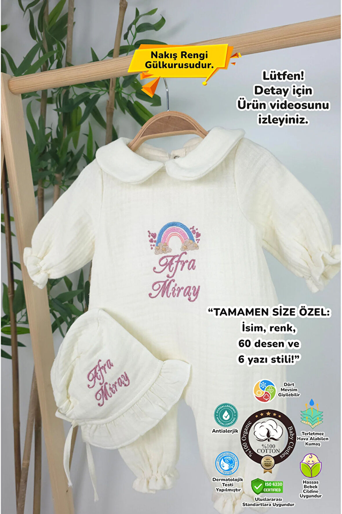 Müslin Yeni Doğan 4 Katlı Organik %100Pamuk Kişiye Özgü Nakışlı Hastane Çıkış Seti-Pudra Gökkuşağı