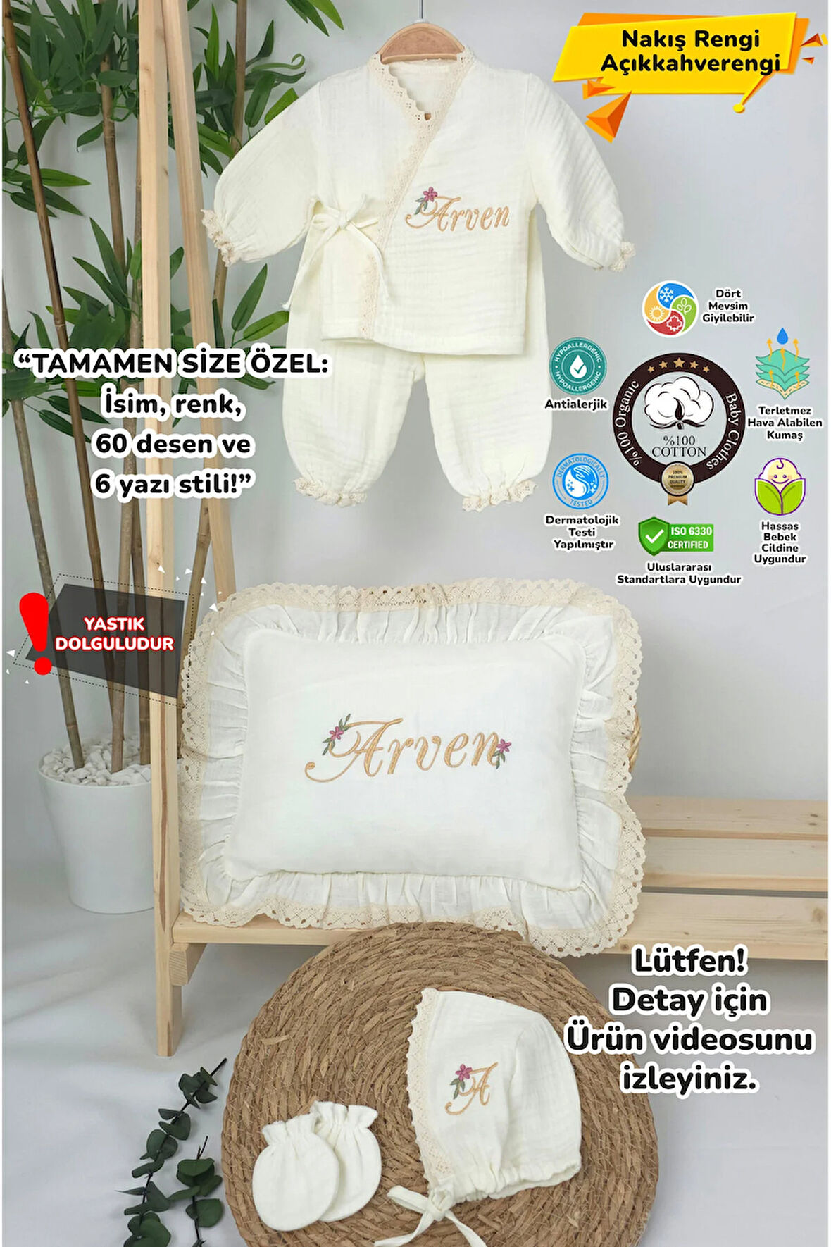 Müslin Yeni Doğan 4Katlı Organik %100Pamuk Kişiye Özgü Nakışlı Hastane Çıkış Seti-Papatya