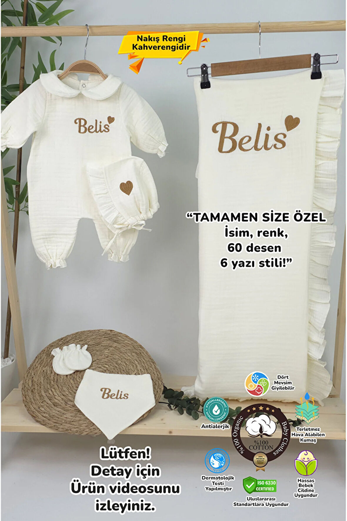 Müslin Yeni Doğan 4Katlı Organik %100Pamuk Kişiye Özgü Nakışlı Hastane Çıkış Seti-Kahverengi Kalpli